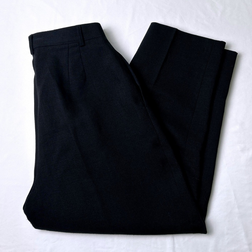 Lands End Womens Vintage Pleated High Rise Linen Blend Trousers Size 12P Black